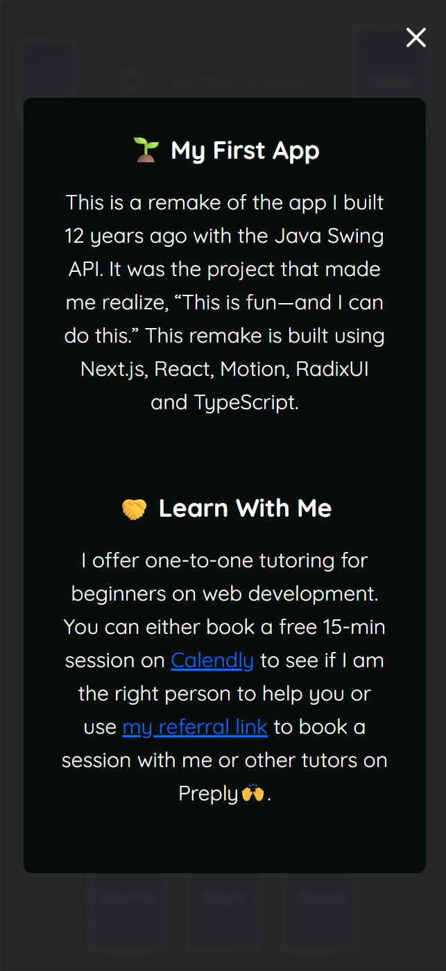 A mobile view showing the About page with a close icon in the corner. There are styles to indicate this is a popup dialog.